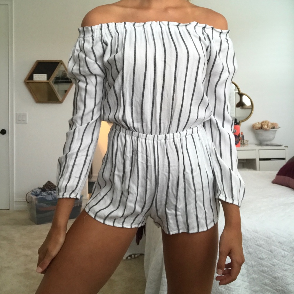Full Tilt Striped Off The Shoulder Romper